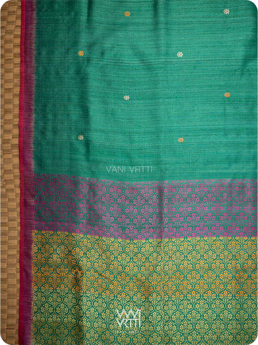 Emerald Green Parijat Jaal Handspun Tussar Silk Saree