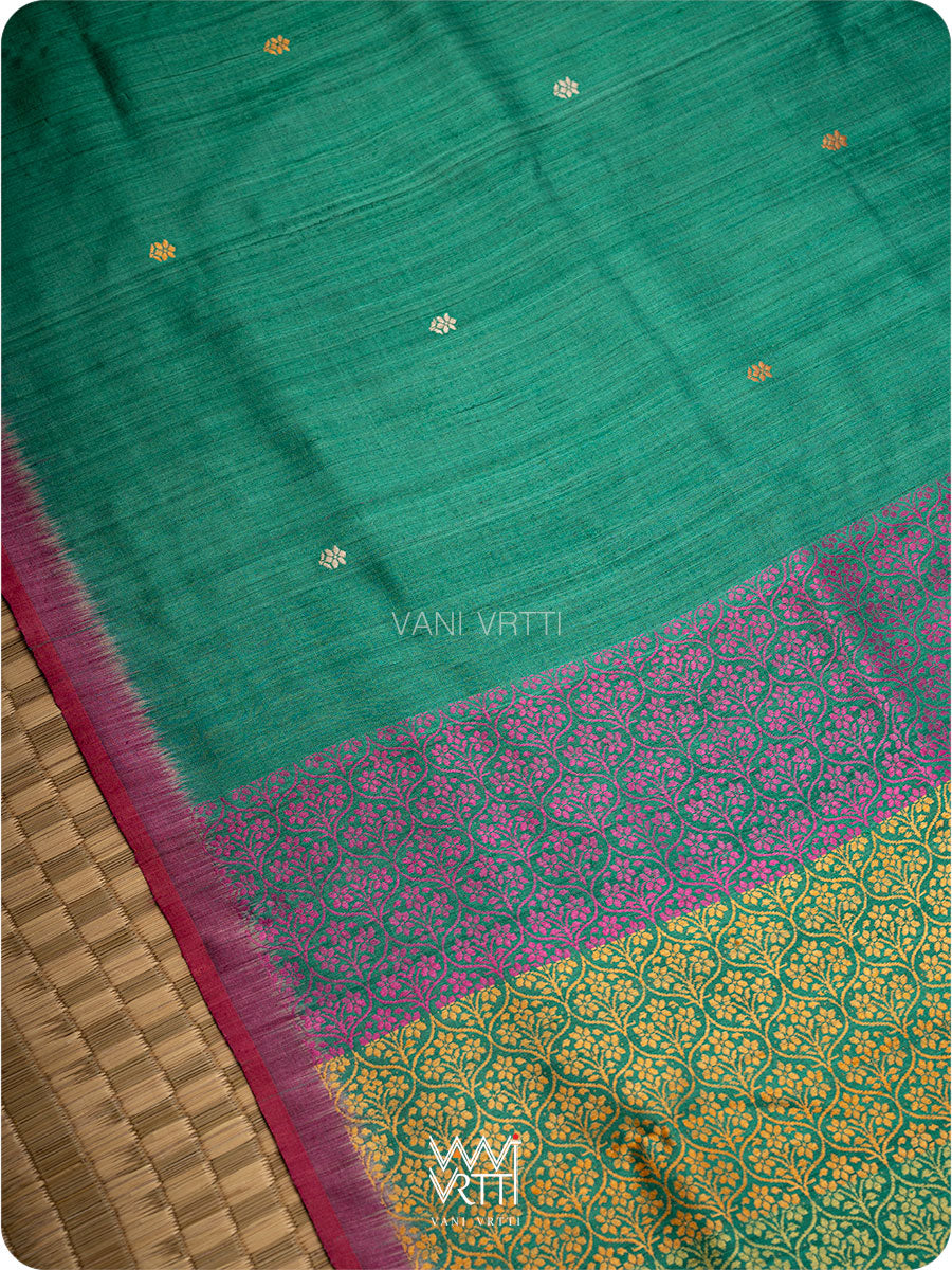 Emerald Green Parijat Jaal Handspun Tussar Silk Saree