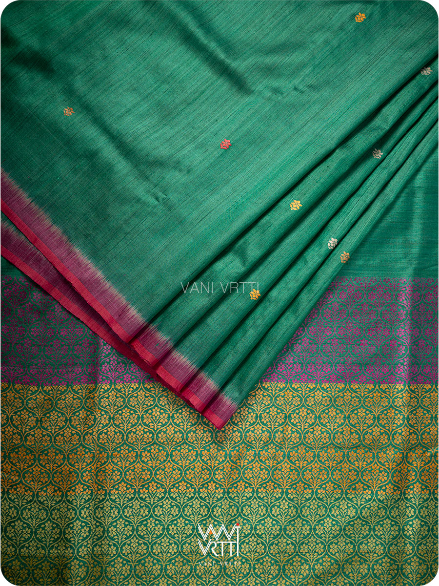 Emerald Green Parijat Jaal Handspun Tussar Silk Saree