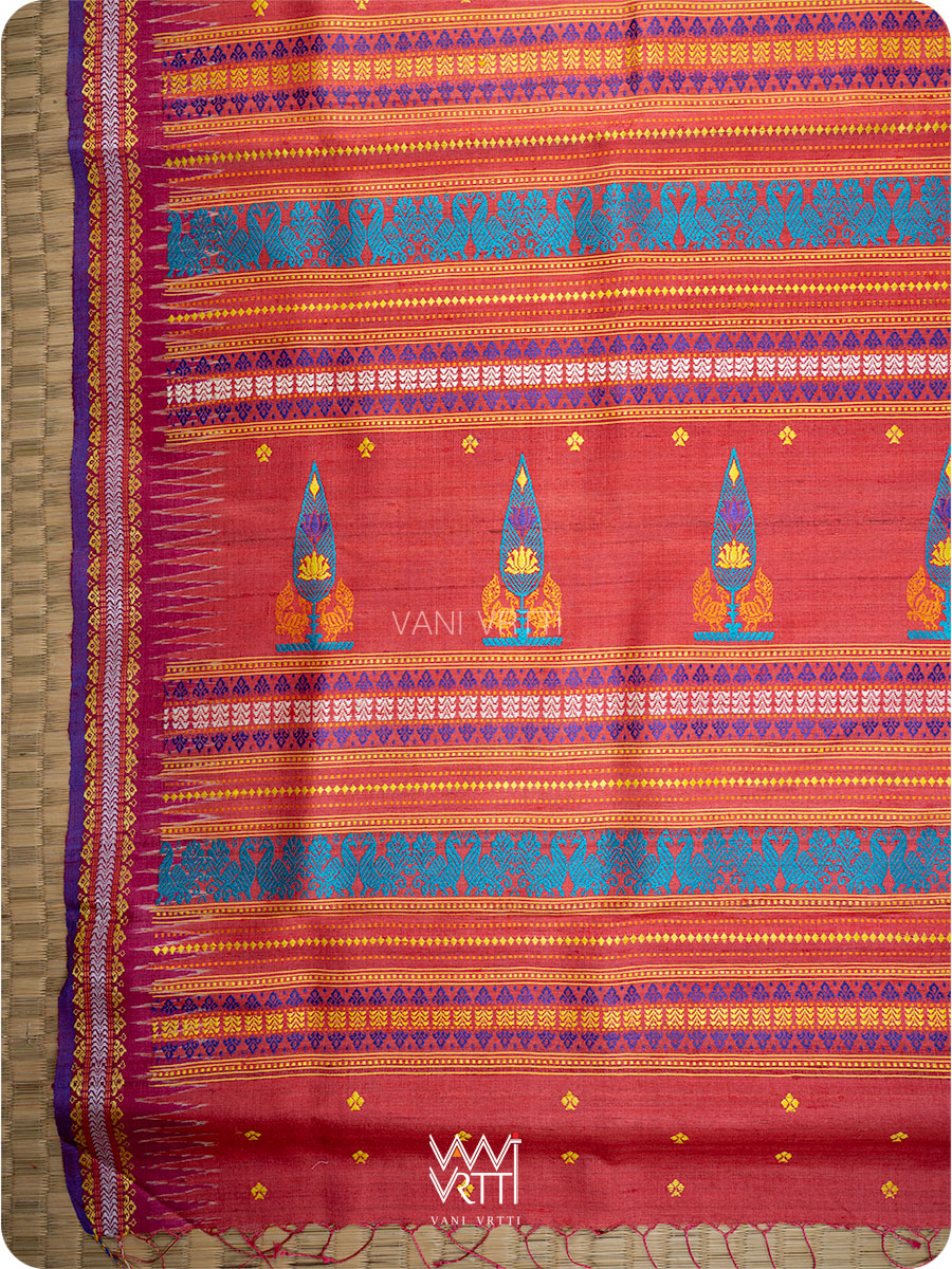 Tomato Red Tree of Life Handspun Tussar Silk Saree