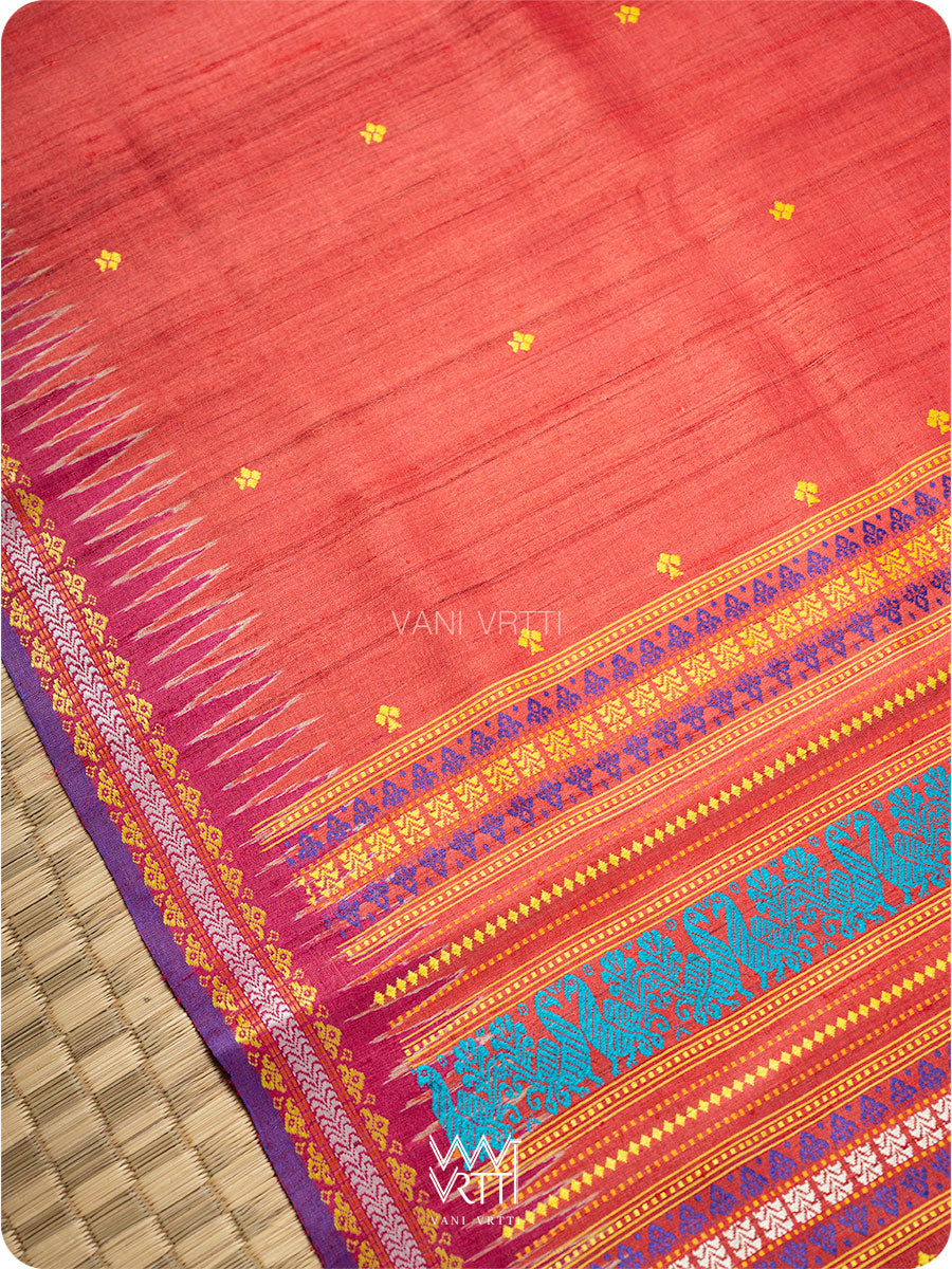 Tomato Red Tree of Life Handspun Tussar Silk Saree