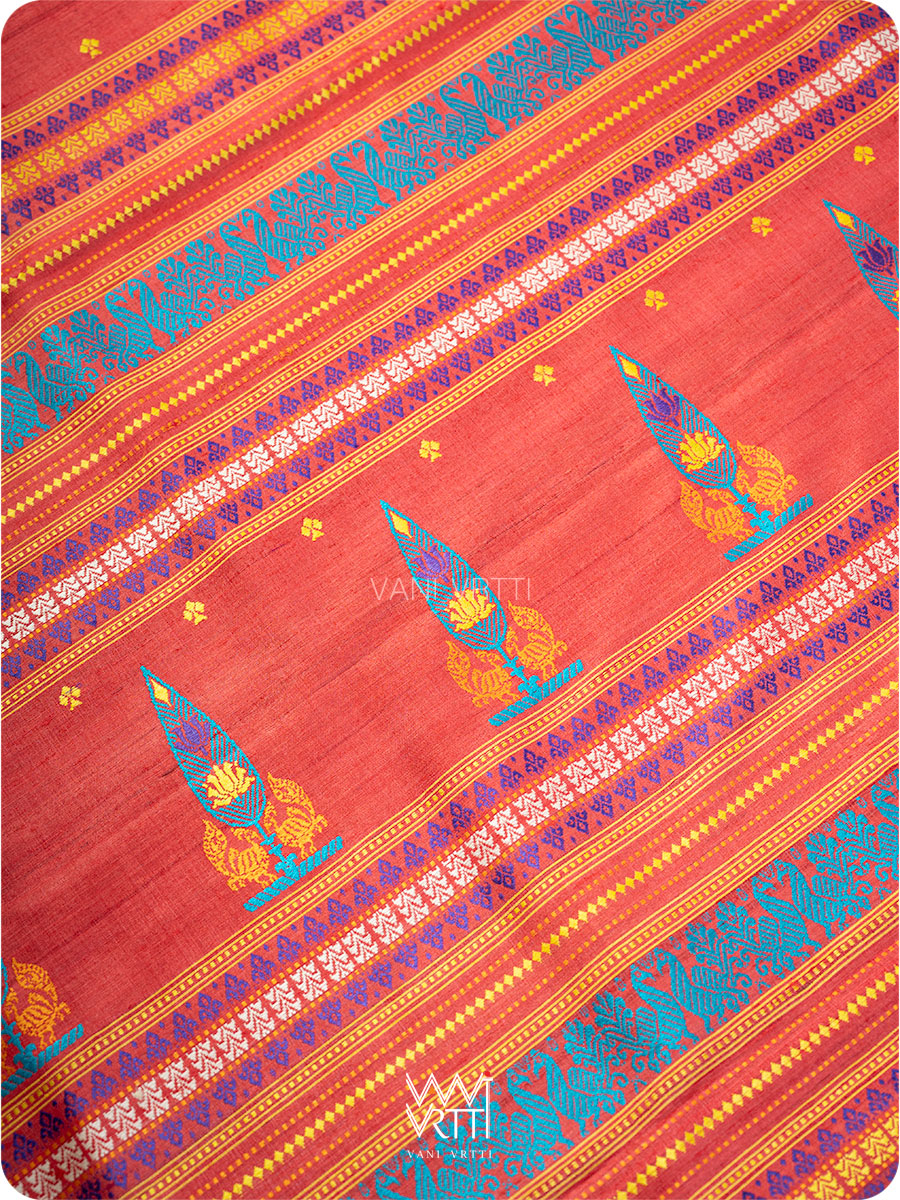 Tomato Red Tree of Life Handspun Tussar Silk Saree