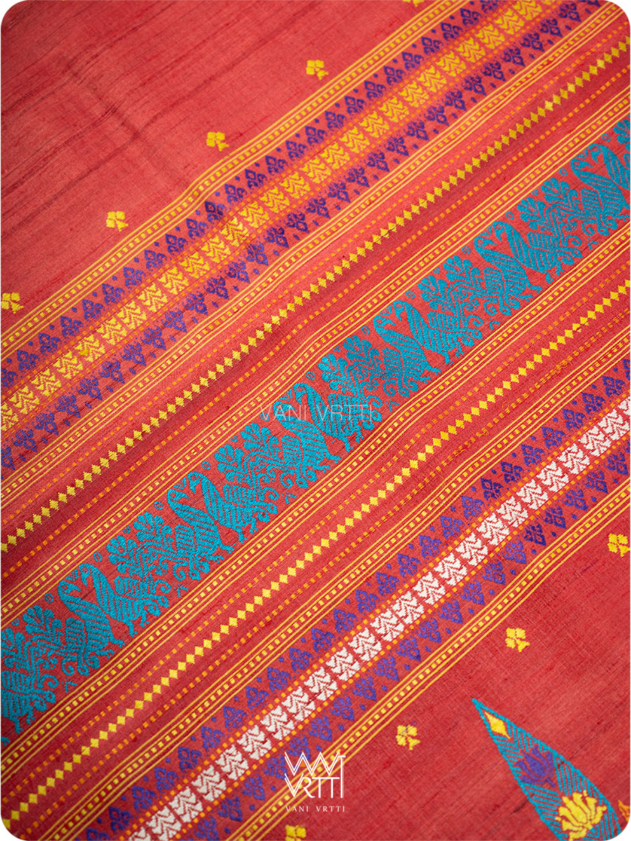 Tomato Red Tree of Life Handspun Tussar Silk Saree