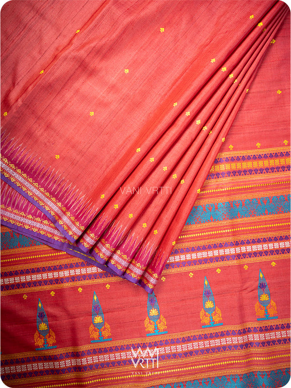 Tomato Red Tree of Life Handspun Tussar Silk Saree