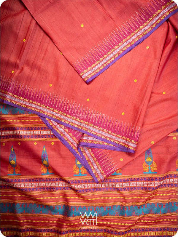 Tomato Red Tree of Life Handspun Tussar Silk Saree