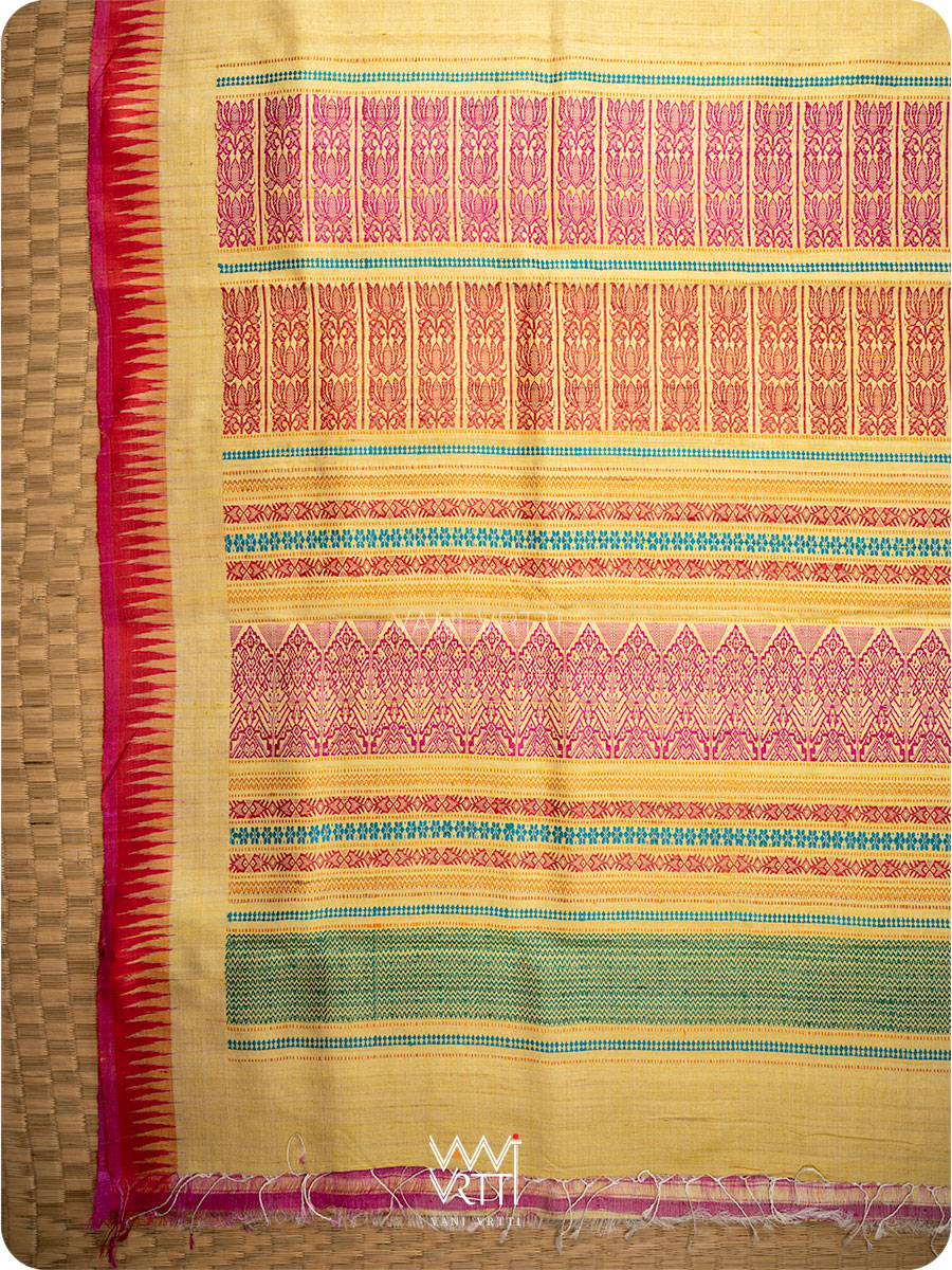 Pastel Yellow Red Pink Ganga Jamuna Ananta Handspun Tussar Silk Saree