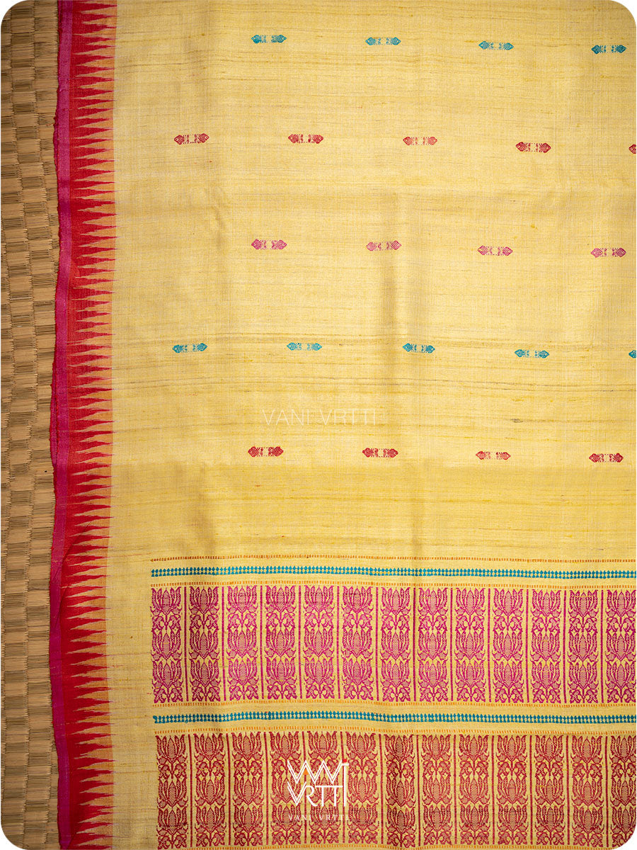 Pastel Yellow Red Pink Ganga Jamuna Ananta Handspun Tussar Silk Saree