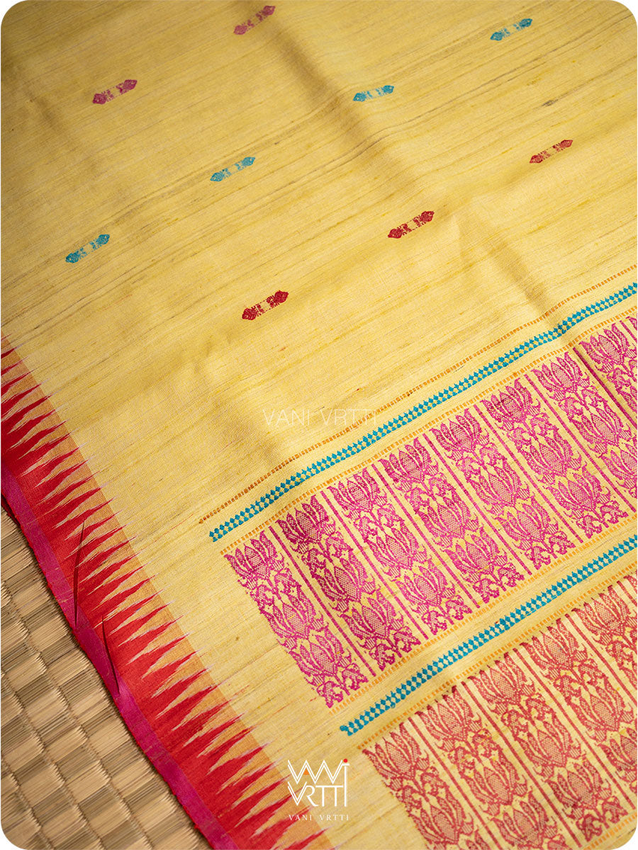Pastel Yellow Red Pink Ganga Jamuna Ananta Handspun Tussar Silk Saree