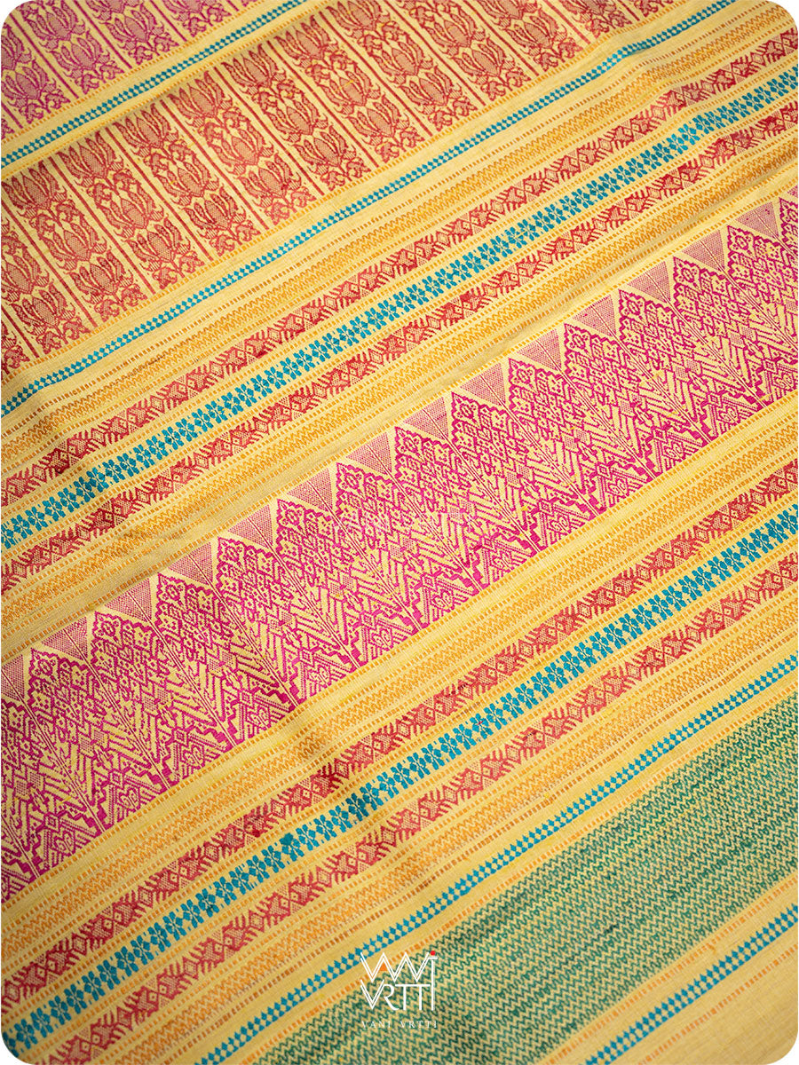Pastel Yellow Red Pink Ganga Jamuna Ananta Handspun Tussar Silk Saree
