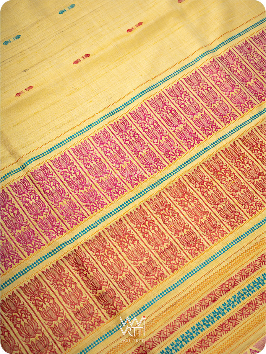 Pastel Yellow Red Pink Ganga Jamuna Ananta Handspun Tussar Silk Saree