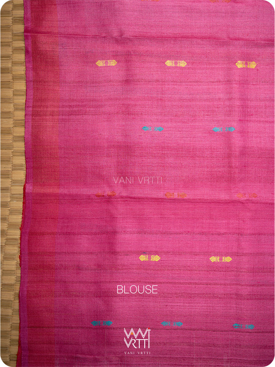 Pastel Yellow Red Pink Ganga Jamuna Ananta Handspun Tussar Silk Saree