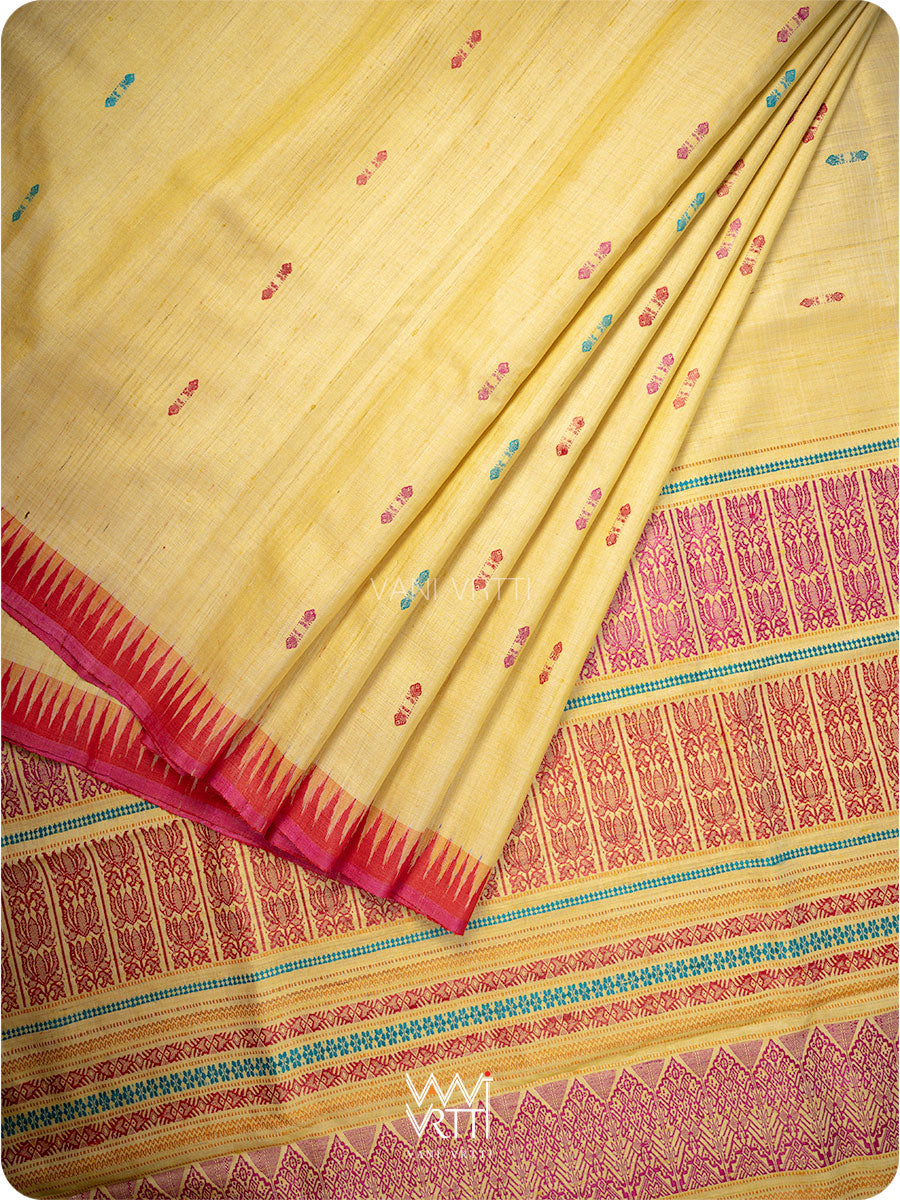 Pastel Yellow Red Pink Ganga Jamuna Ananta Handspun Tussar Silk Saree