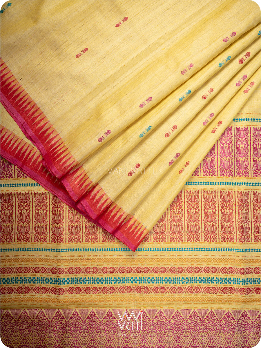 Pastel Yellow Red Pink Ganga Jamuna Ananta Handspun Tussar Silk Saree