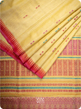 Pastel Yellow Red Pink Ganga Jamuna Ananta Handspun Tussar Silk Saree
