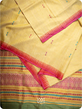 Pastel Yellow Red Pink Ganga Jamuna Ananta Handspun Tussar Silk Saree