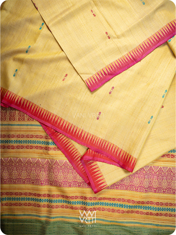 Pastel Yellow Red Pink Ganga Jamuna Ananta Handspun Tussar Silk Saree