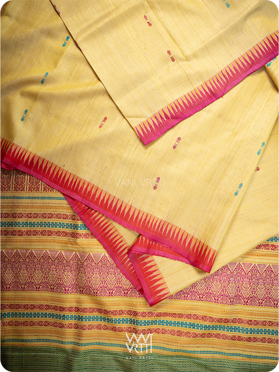 Pastel Yellow Red Pink Ganga Jamuna Ananta Handspun Tussar Silk Saree