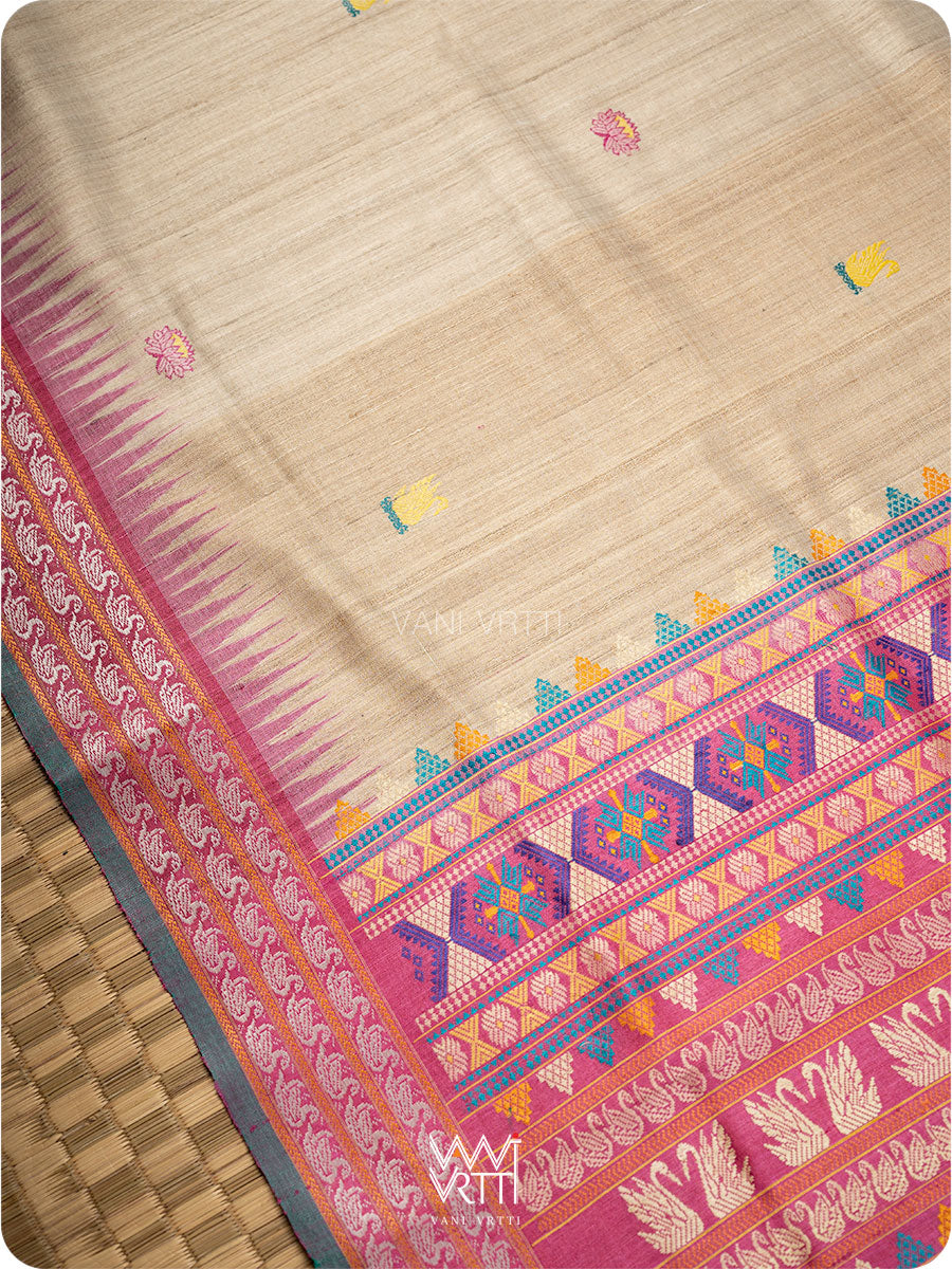 Off White Pink Yellow  Veena Pani Lata Master Weave Exclusive Handspun Tussar Silk Sari