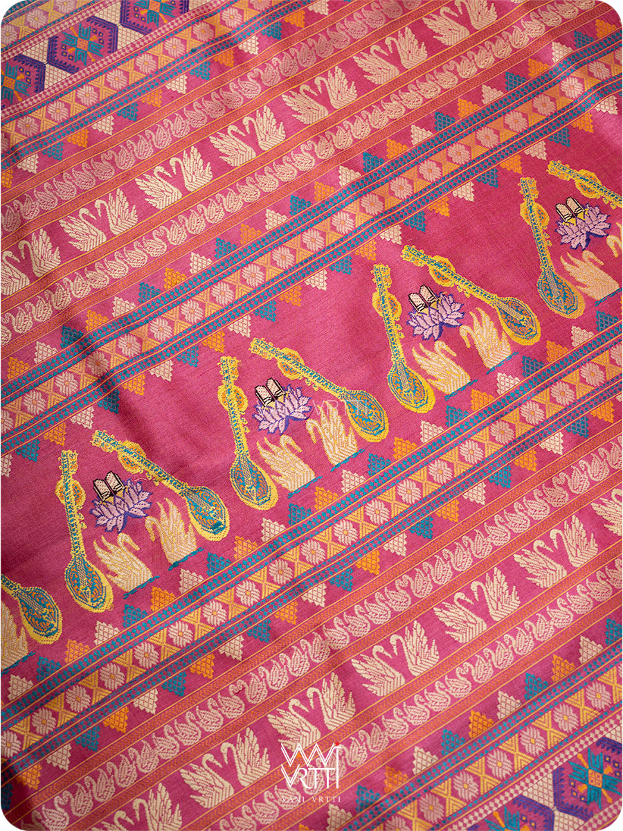 Off White Pink Yellow  Veena Pani Lata Master Weave Exclusive Handspun Tussar Silk Sari