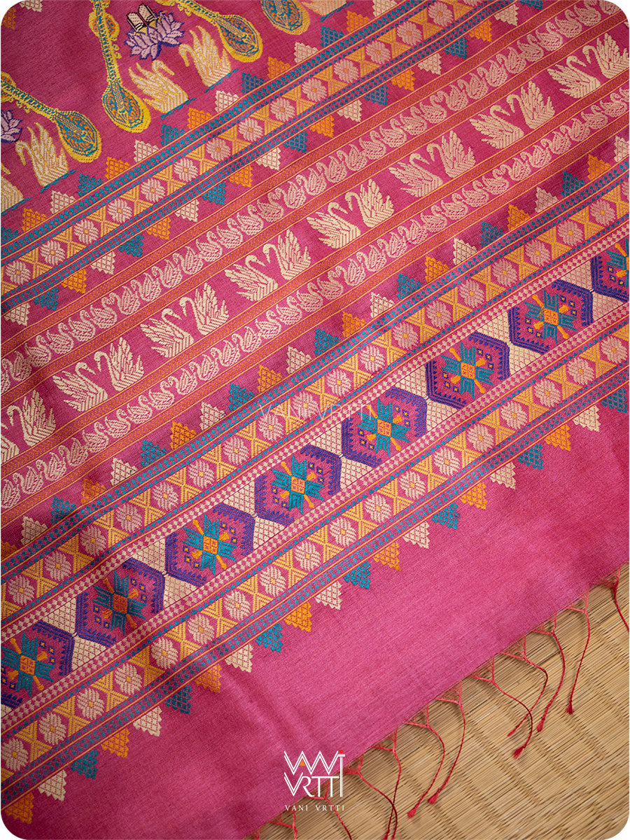 Off White Pink Yellow  Veena Pani Lata Master Weave Exclusive Handspun Tussar Silk Sari