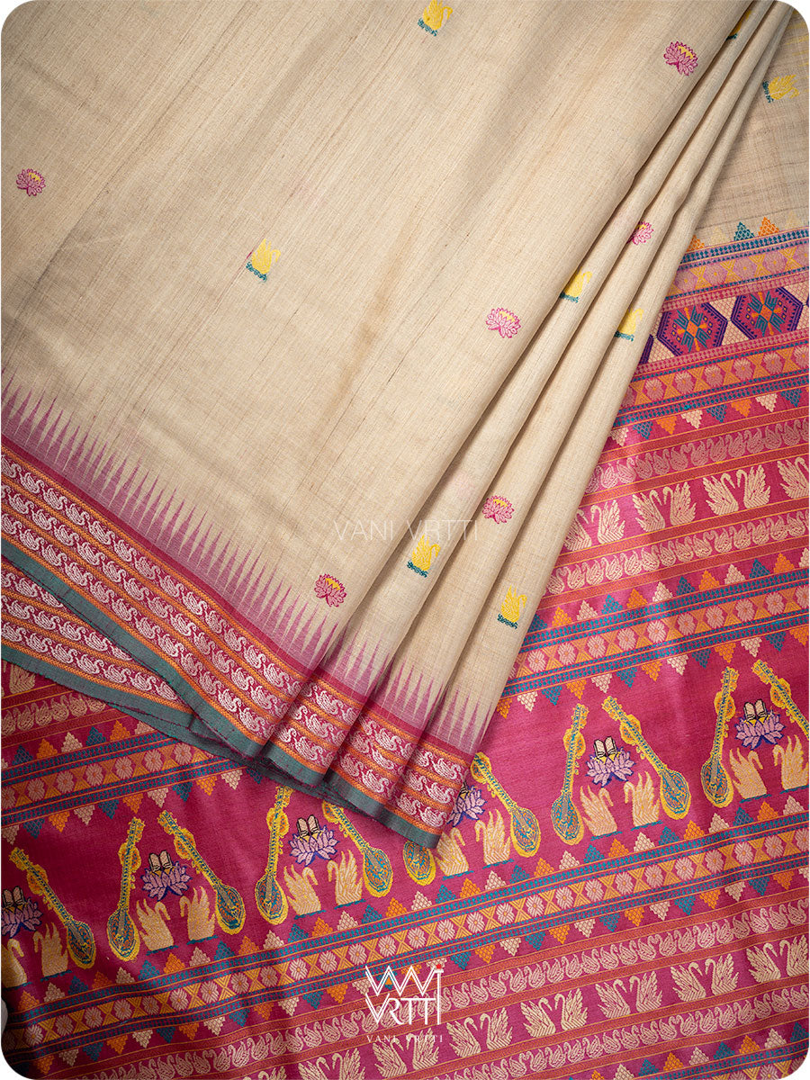 Off White Pink Yellow  Veena Pani Lata Master Weave Exclusive Handspun Tussar Silk Sari