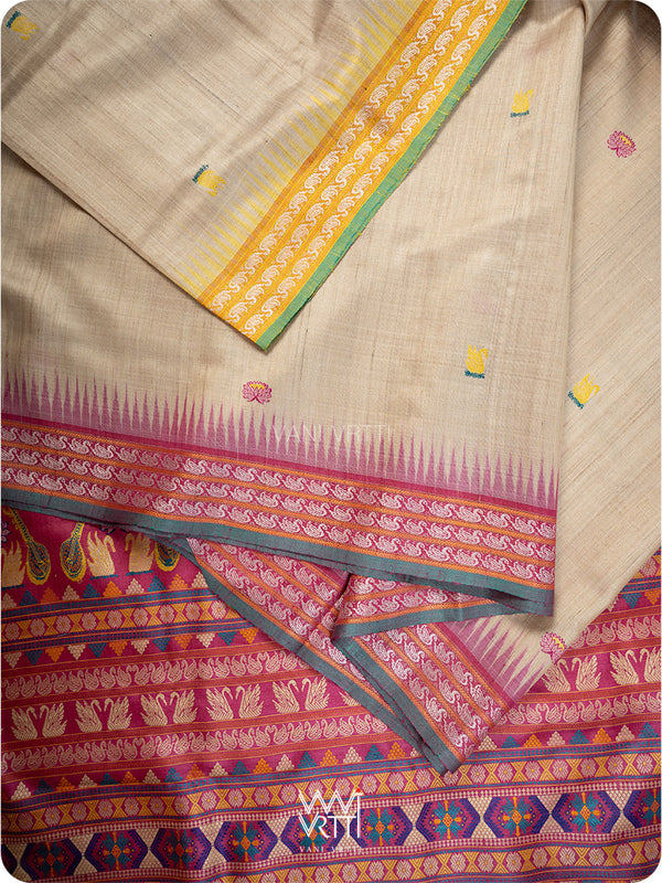 Off White Pink Yellow  Veena Pani Lata Master Weave Exclusive Handspun Tussar Silk Sari