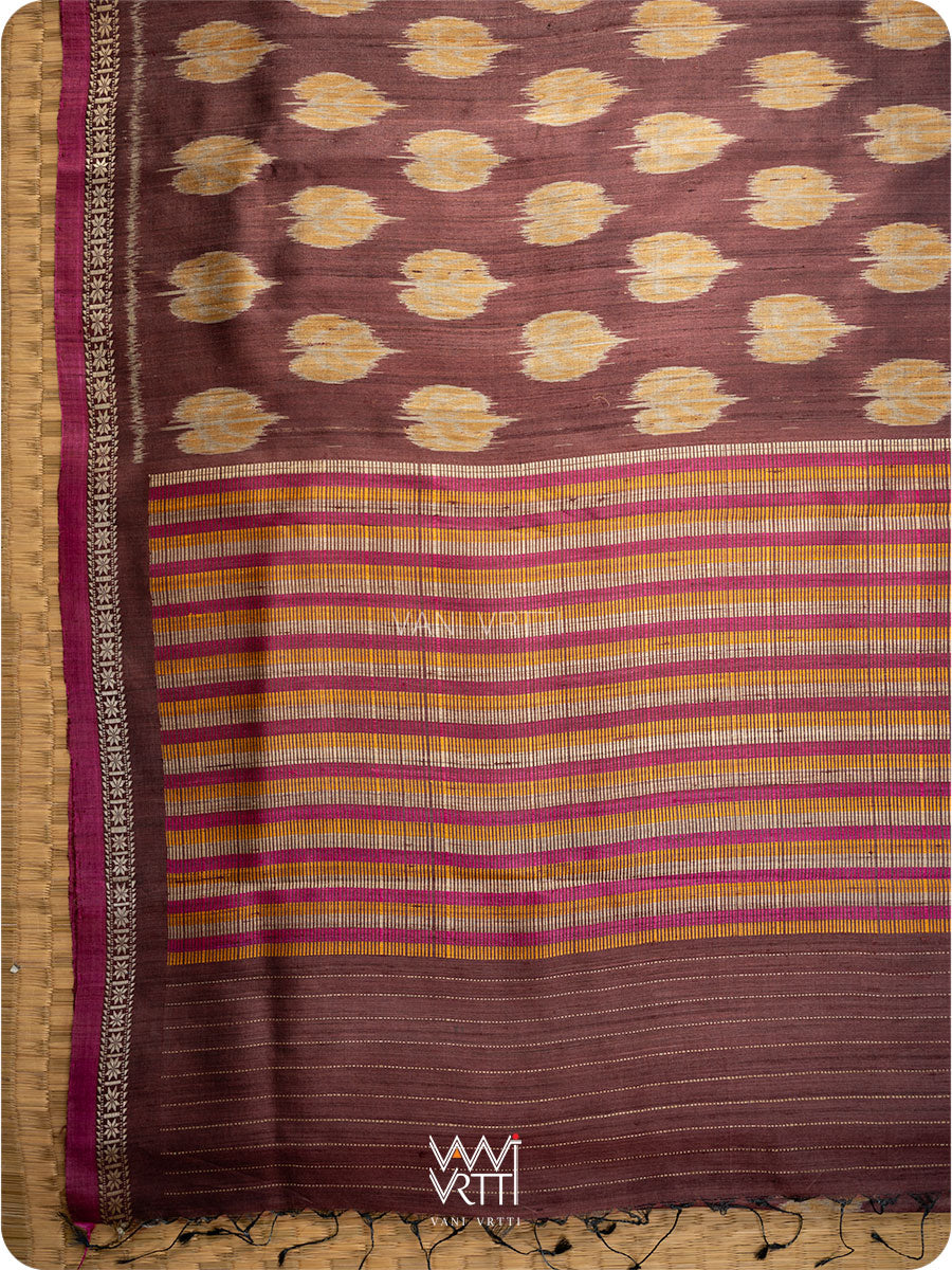 Coffee Brown Mustard Peepal Ikat Handspun Tussar Silk Saree