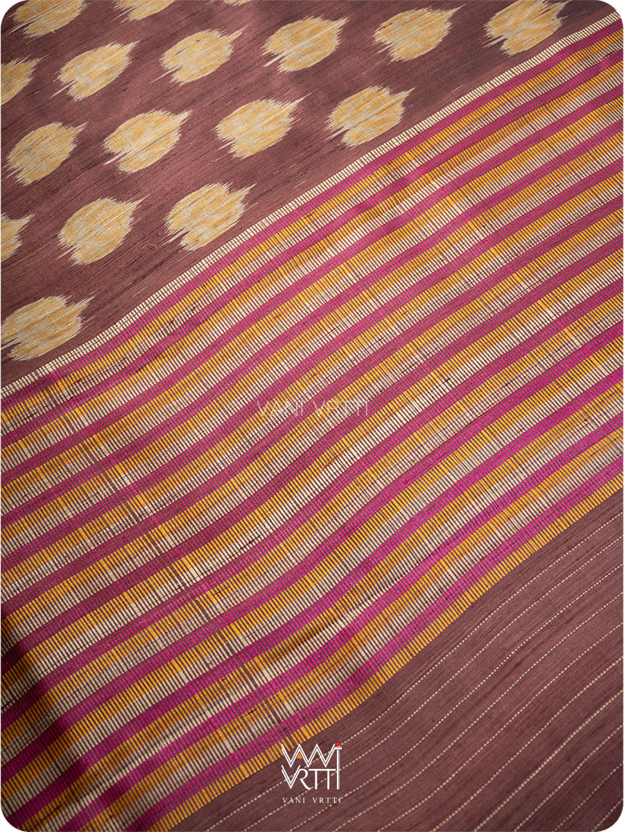 Coffee Brown Mustard Peepal Ikat Handspun Tussar Silk Saree