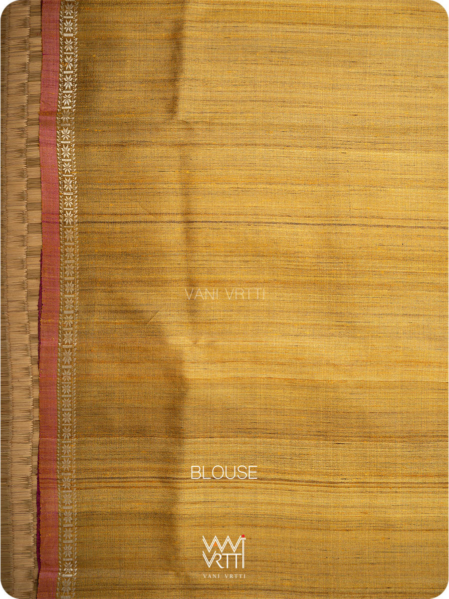 Coffee Brown Mustard Peepal Ikat Handspun Tussar Silk Saree