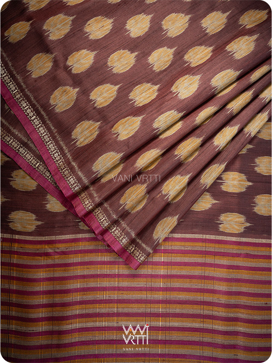 Coffee Brown Mustard Peepal Ikat Handspun Tussar Silk Saree