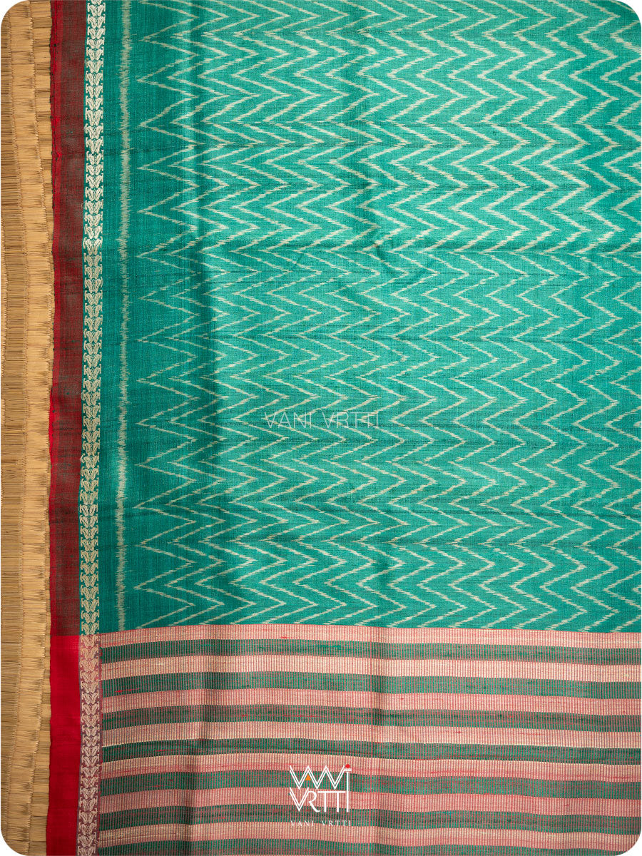 Sea Green Aziz Ikat Handspun Tussar Silk Saree