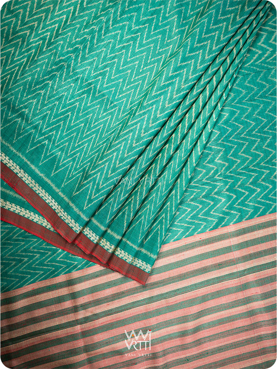 Sea Green Aziz Ikat Handspun Tussar Silk Saree