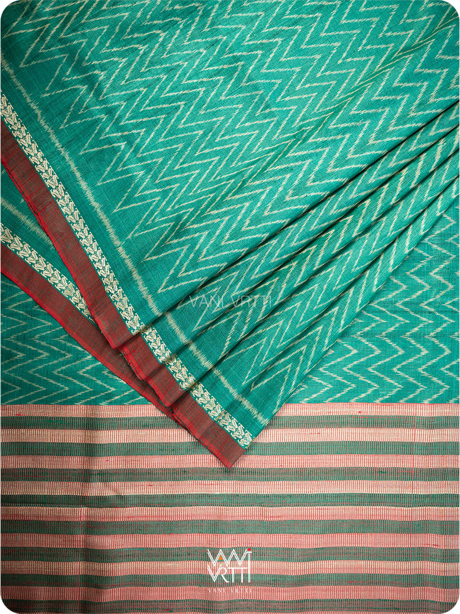 Sea Green Aziz Ikat Handspun Tussar Silk Saree