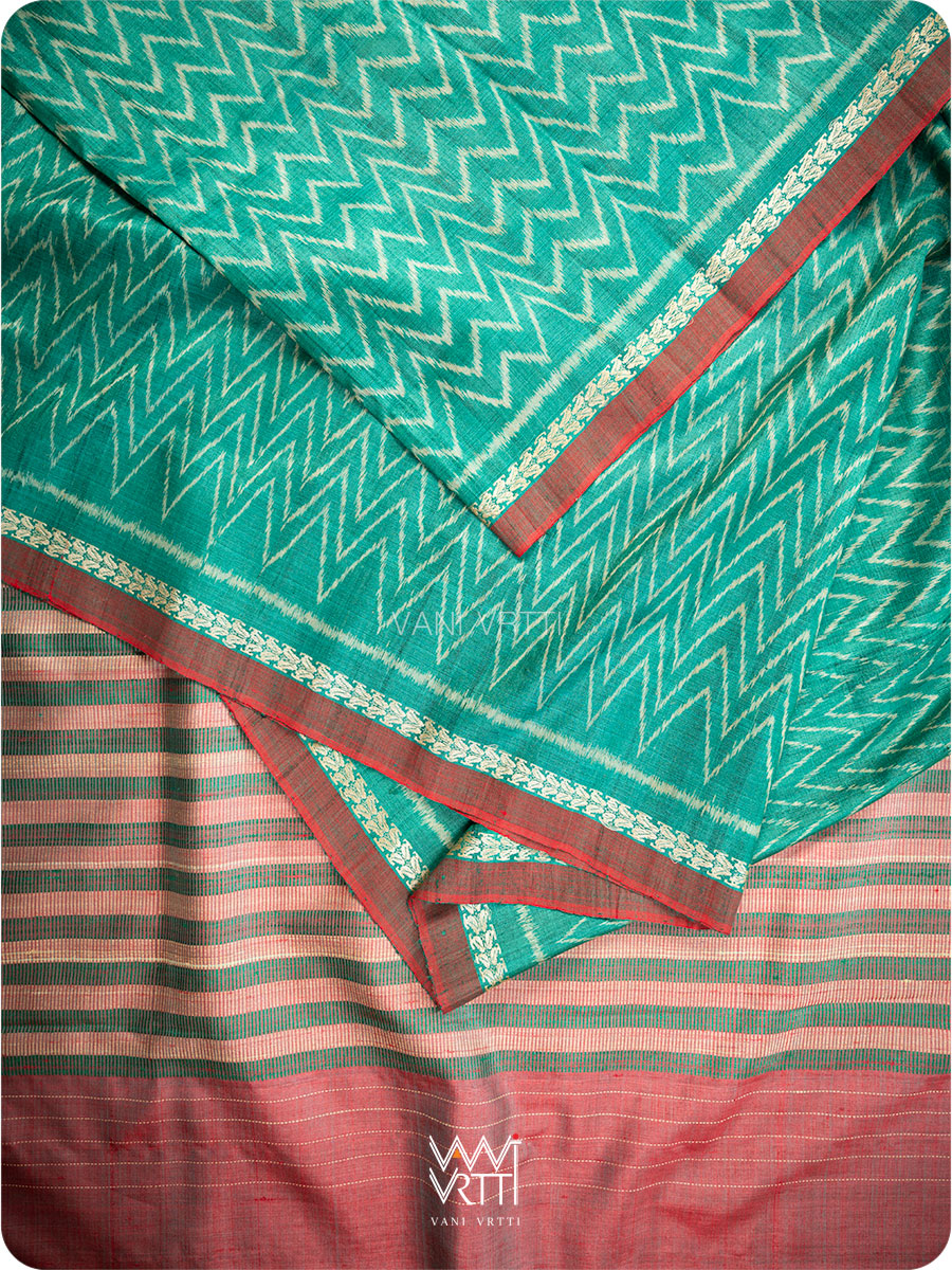 Sea Green Aziz Ikat Handspun Tussar Silk Saree