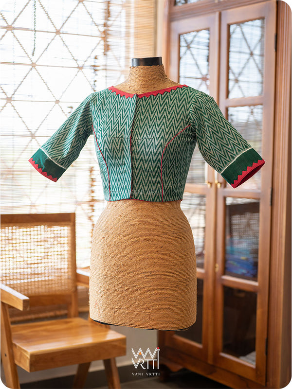 Bottle Green Zig Zag Lotus Parrot Ikat Cotton Blouse