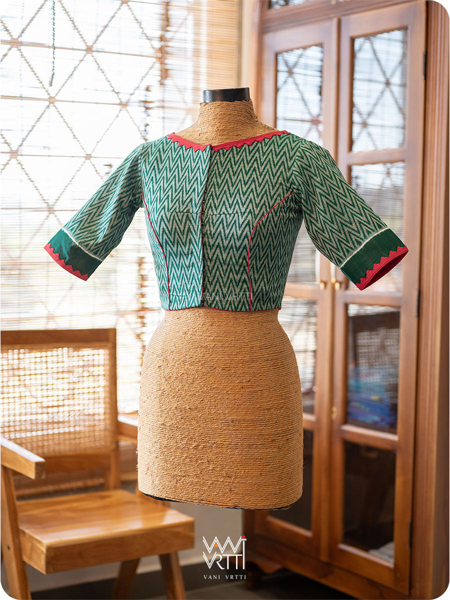 Bottle Green Zig Zag Lotus Parrot Ikat Cotton Blouse