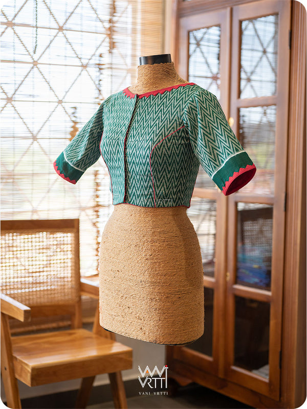 Bottle Green Zig Zag Lotus Parrot Ikat Cotton Blouse