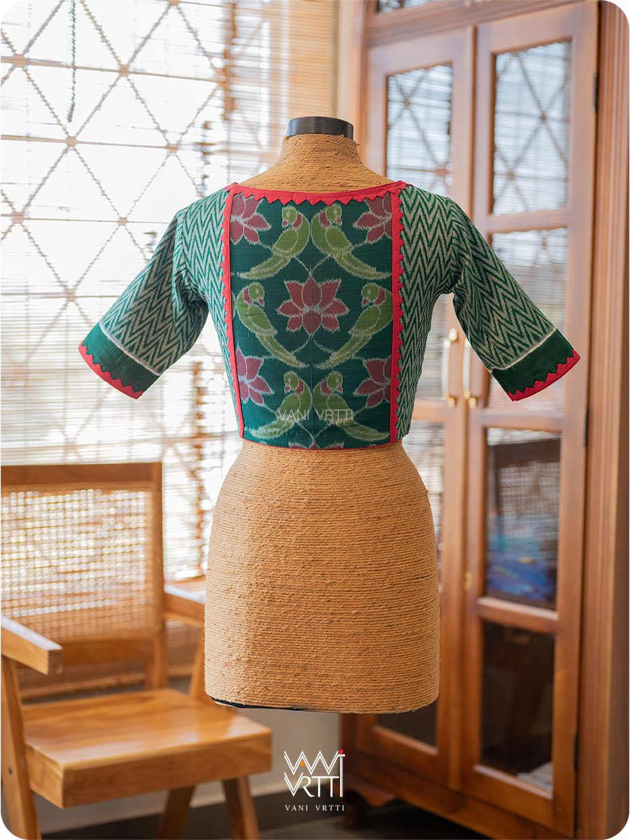 Bottle Green Zig Zag Lotus Parrot Ikat Cotton Blouse