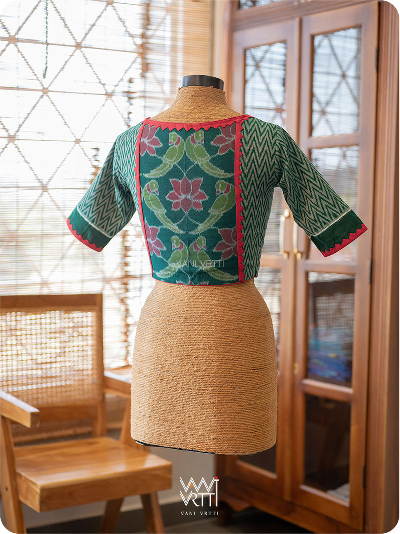 Bottle Green Zig Zag Lotus Parrot Ikat Cotton Blouse