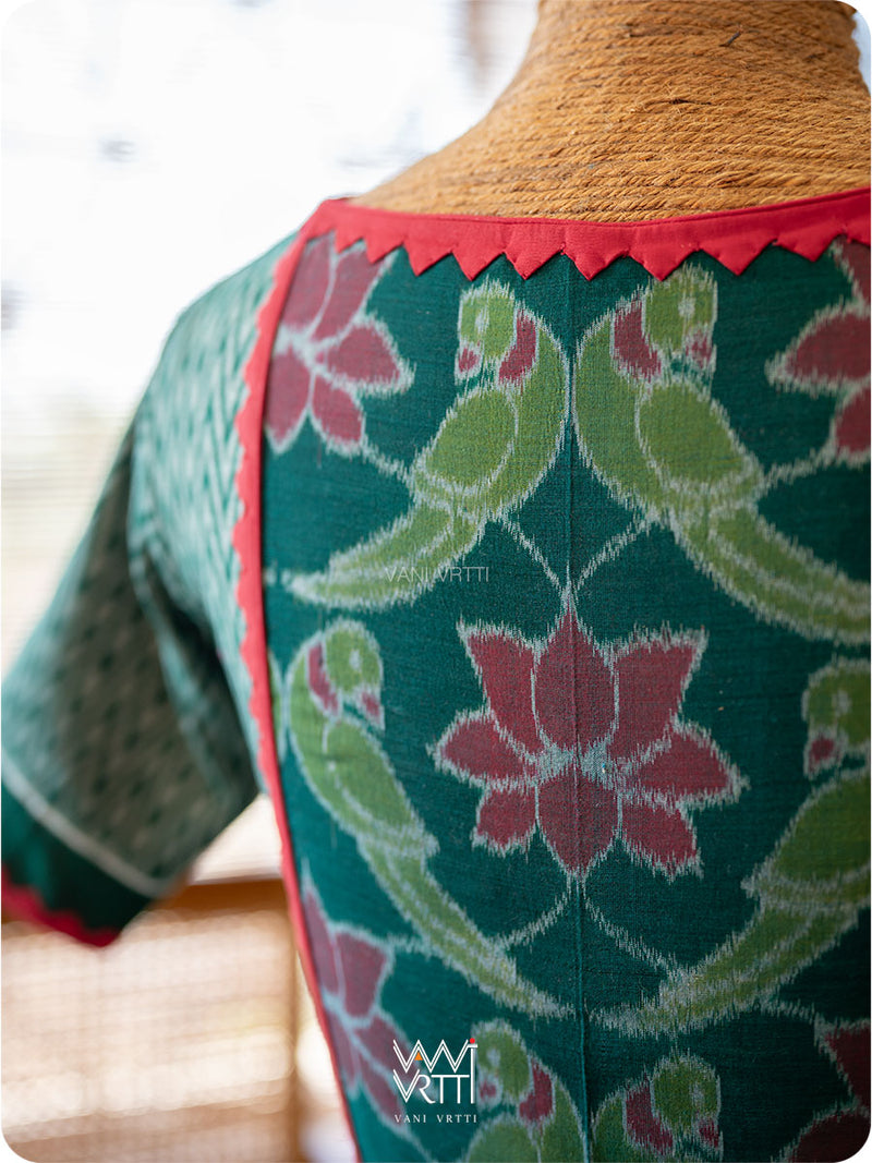 Bottle Green Zig Zag Lotus Parrot Ikat Cotton Blouse