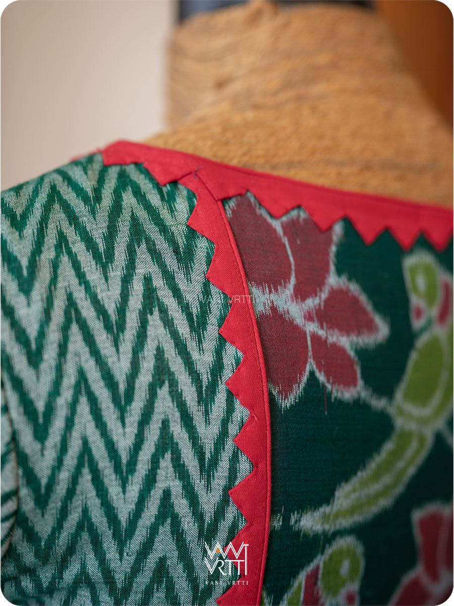 Bottle Green Zig Zag Lotus Parrot Ikat Cotton Blouse