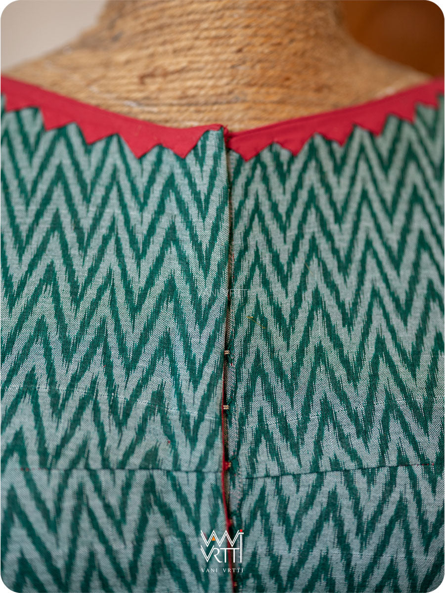 Bottle Green Zig Zag Lotus Parrot Ikat Cotton Blouse