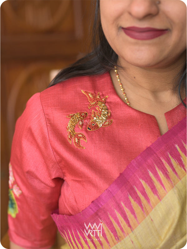 Red Lotus Flower And Koi Fish Zardozi Tussar Silk Blouse