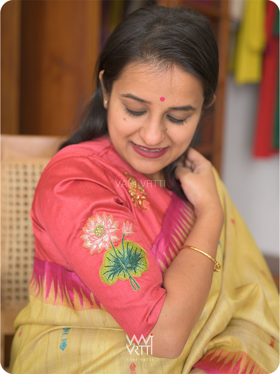 Red Lotus Flower And Koi Fish Zardozi Tussar Silk Blouse