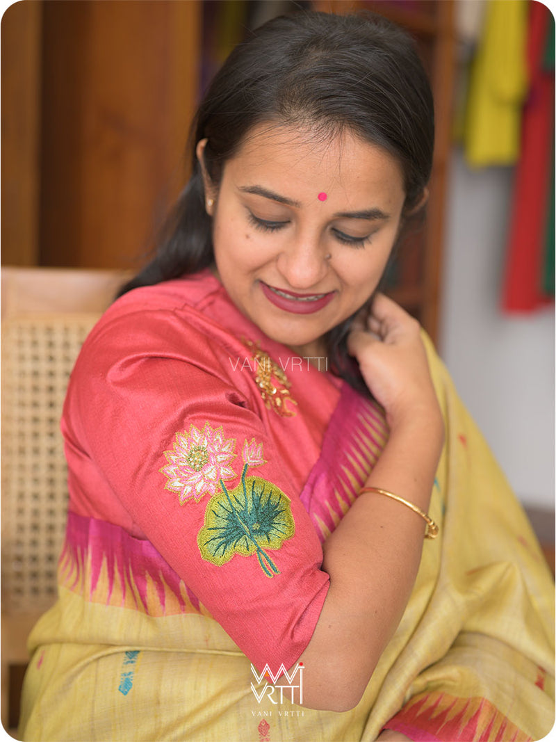 Red Lotus Flower And Koi Fish Zardozi Tussar Silk Blouse