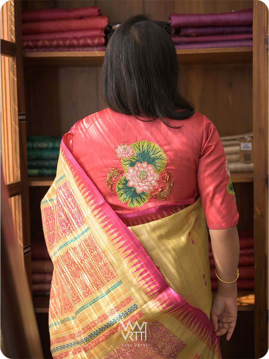 Red Lotus Flower And Koi Fish Zardozi Tussar Silk Blouse