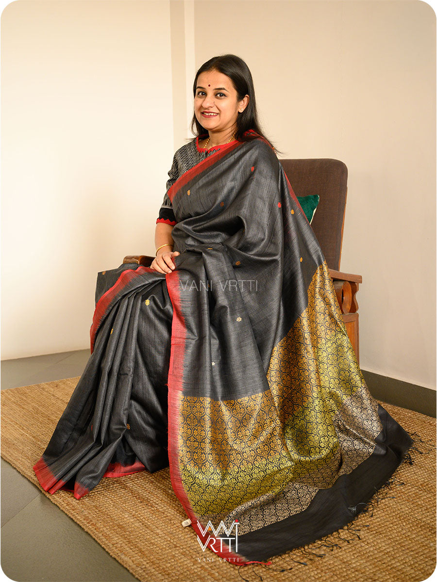 Black Parijat Jaal Handspun Tussar Silk Saree