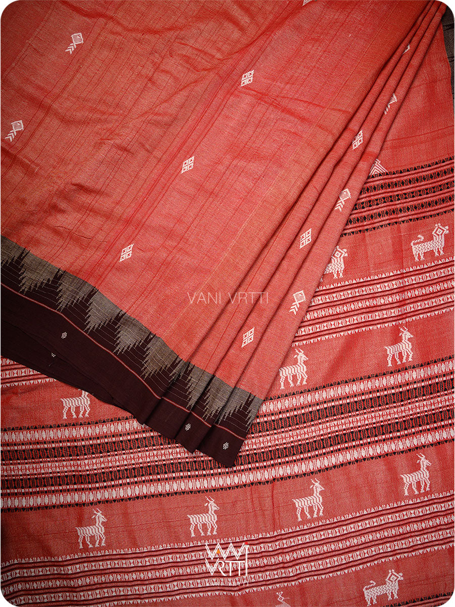 Kumkum Red Deep Coffee Singha Fine Tussar Masterweave Kotpad Saree
