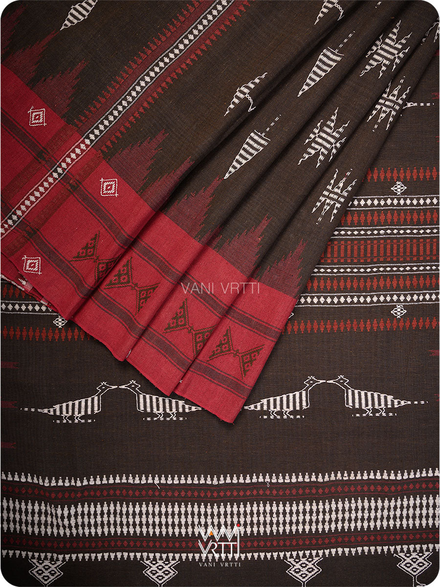 Deep Coffee Red Madder Tribal Masterweave Kotpad Saree