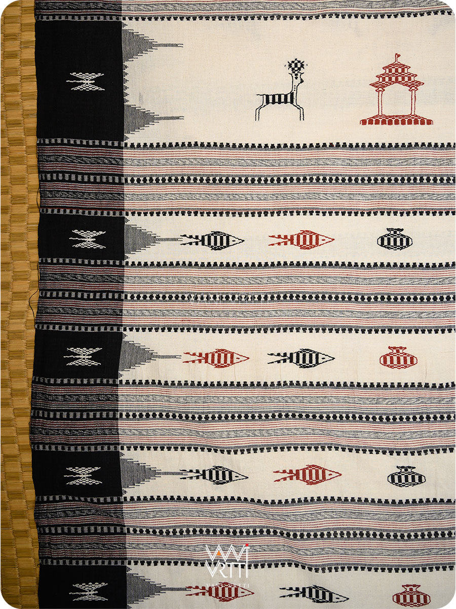 Off White Madder Black Tribal Masterweave Kotpad Saree